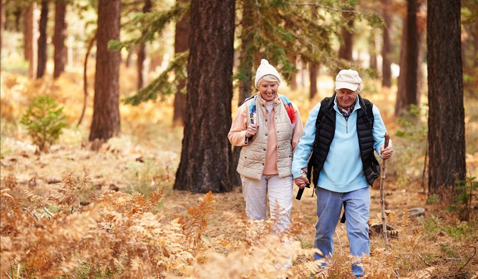 older couple walking in woods